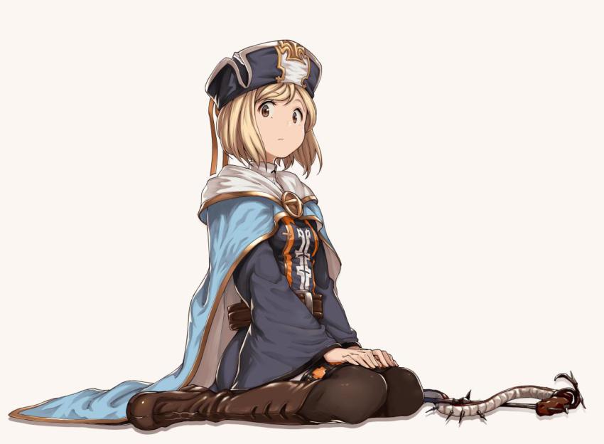 10s, 1girl, aya_shachou, black_pantyhose, blonde_hair, boots, brown_boots, brown_eyes, cape, cleric_(granblue_fantasy), djeeta_(granblue_fantasy), female_focus, granblue_fantasy, hat, knee_boots, long_sleeves, looking_at_viewer, pantyhose, short_hair, sitting, solo, wand, wariza