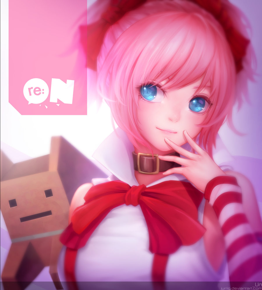 1girl, bare_shoulders, blue_eyes, bow, bowtie, choker, copyright_name, detached_sleeves, hair_bow, hand_on_own_cheek, hand_on_own_face, jurrig, light_smile, mascot, pink_hair, re:on, reon_(re:on), reyna_(re:on), striped_sleeves, upper_body