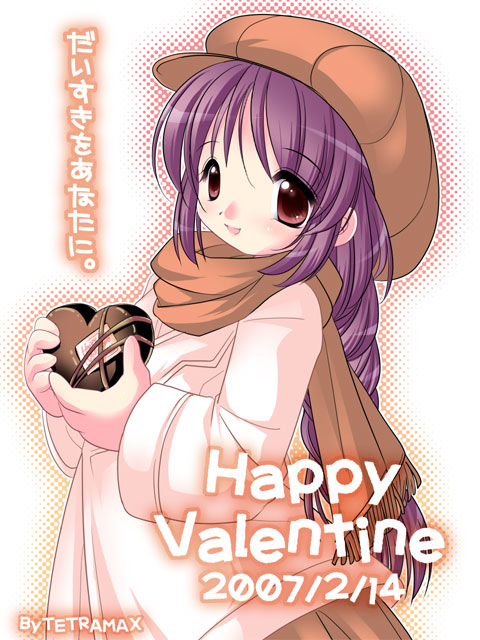 1girl, candy, chocolate, chocolate_heart, female_focus, food, happy_valentine, heart, purple_hair, scarf, solo, tetramax, valentine