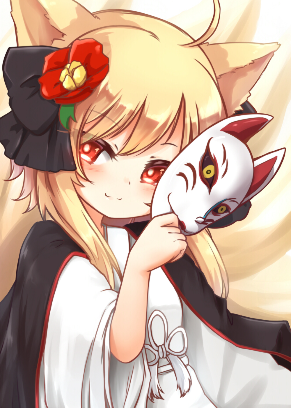 1girl, animal_ears, awakening_(sennen_sensou_aigis), blonde_hair, female_focus, flower, fox_ears, fox_mask