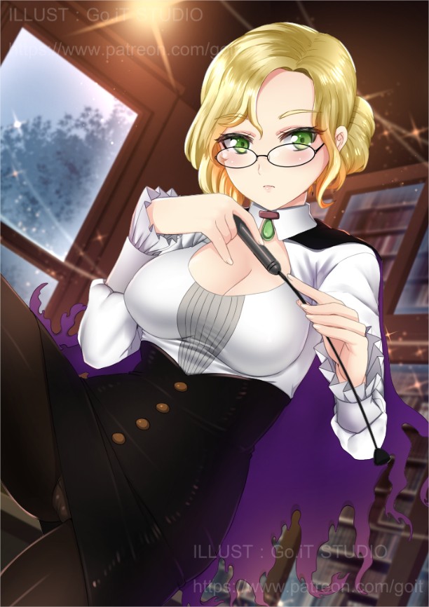 1girl, blonde_hair, breasts, female_focus, glasses, glynda_goodwitch, go-it, green_eyes, long_hair, panties, panties_under_pantyhose, pantyhose, rwby, solo, underwear, watermark
