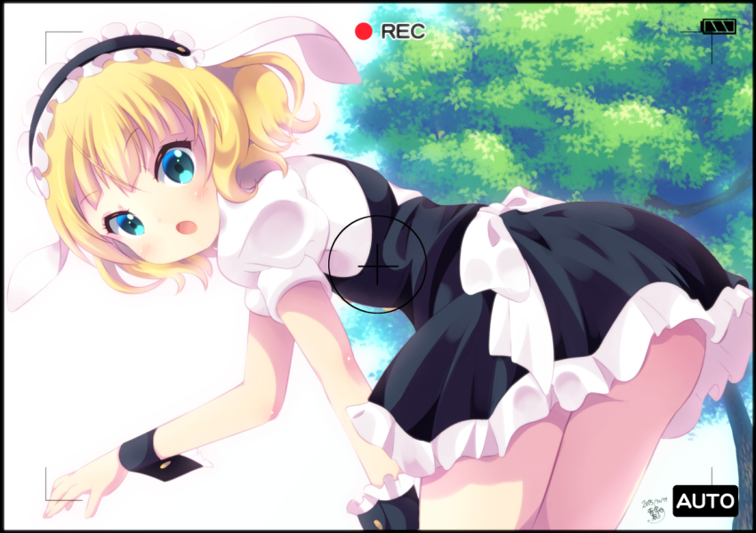1girl, :o, aosora_neko, bad_id, bad_pixiv_id, bent_over, blonde_hair, blouse