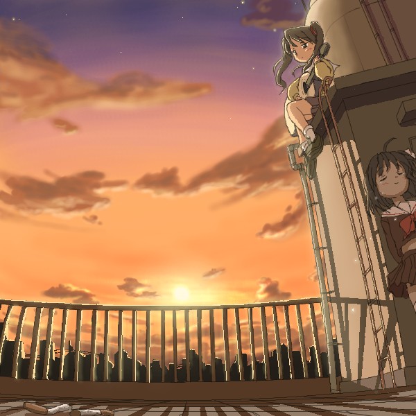 2girls, acoustic_guitar, guitar, instrument, kida_emiri, kinutani_kanata, multiple_girls, rooftop