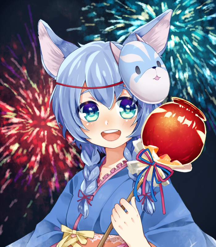 1girl, :d, animal_ears, blue_eyes, blue_hair, braid, candy_apple, dog_ears