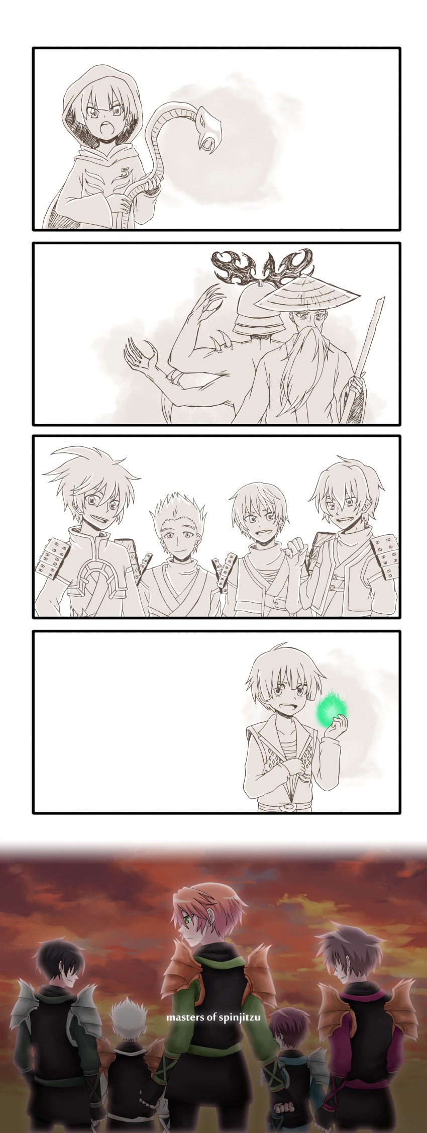 6+boys, absurdres, ajirogasa, armor, beard, black_hair, blonde_hair, bodysuit, brothers, brown_hair, cape, cloak, cole_(ninjago), extra_arms, facial_hair, gloves, green_eyes, hair_over_one_eye, hat, helmet, highres, hood, hooded_cloak, japanese_armor, japanese_clothes, jay_(ninjago), kabuto_(helmet), kai_(ninjago), lloyd_garmadon, lloyd_garmadon_(young), lord_garmadon, male_focus, multiple_boys, ninjago, progression, sensei_wu, short_hair, shoulder_armor, shoulder_pads, siblings, silver_hair, smile, sode, spiked_hair, the_lego_group, thick_eyebrows, turtleneck, wand, ximsol182, zane_(ninjago)