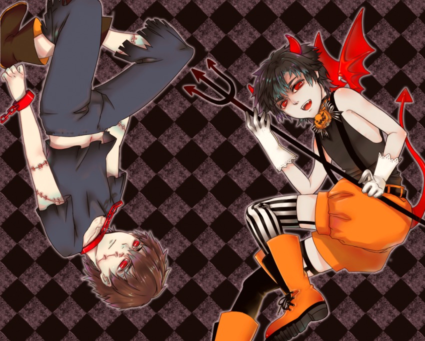 2boys, 70491014_(argon-1014-), aged_down, bad_id, bad_pixiv_id, boots, child, collar, cuffs, demon_horns, demon_wings, devil_eyes, emiya_kiritsugu, fate/zero, fate_(series), halloween, handcuffs, horns, kotomine_kirei, kotomine_kirei_(fate/zero), male_focus, multiple_boys, orange_footwear, patterned_legwear, polearm, red_eyes, shoes, shorts, stitches, striped_clothes, striped_legwear, striped_thighhighs, thighhighs, trident, vertical-striped_clothes, vertical-striped_legwear, vertical-striped_thighhighs, weapon, wings