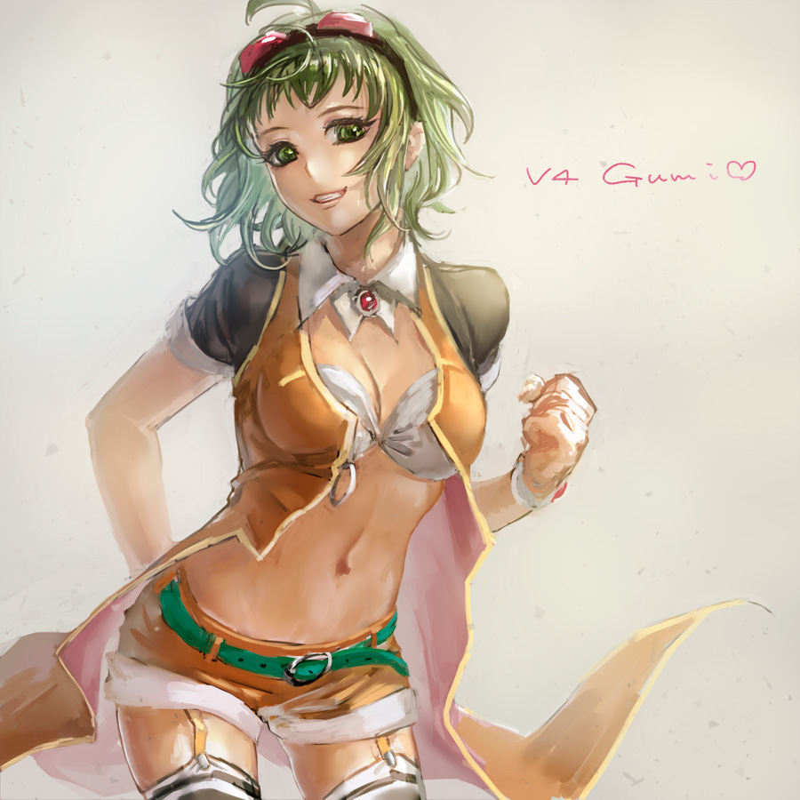 1girl, ahoge, breasts, brown_background, character_name, cleavage, clenched_hand, cowboy_shot, female_focus, garter_straps, goggles, goggles_on_head, green_eyes, green_hair, gumi, gumi_(v4_megpoid), heart, jacket, matching_hair/eyes, midriff, open_clothes, open_jacket, orange_shirt, parted_lips, shirt, short_shorts, short_sleeves, shorts, simple_background, sleeves_rolled_up, solo, striped_clothes, striped_thighhighs, teeth, thighhighs, v4x, vocaloid, wrist_cuffs, yamakawa_umi