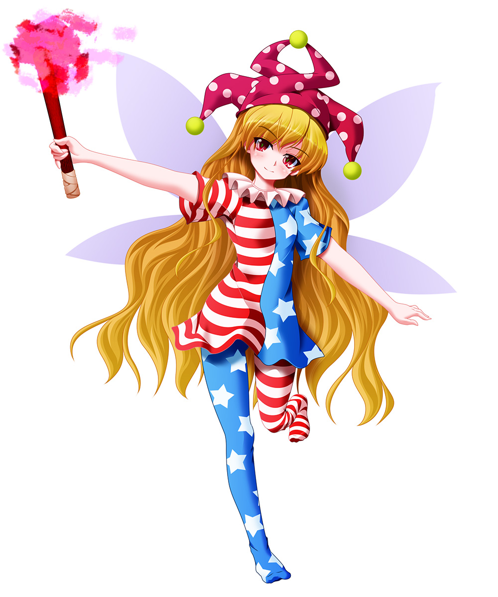 1girl, american_flag_dress, american_flag_legwear, asymmetrical_clothes, asymmetrical_legwear, blonde_hair, blush, clownpiece