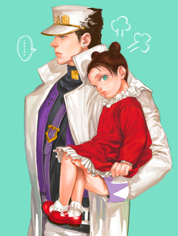 1boy, 1girl, avicy, blue_eyes, brown_hair, carrying, child, child_carry