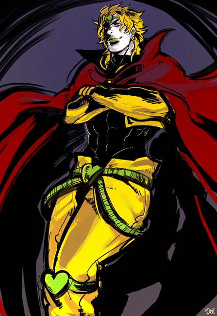 1boy, blonde_hair, cape, dio_brando, green_lips, jojo_no_kimyou_na_bouken, lipstick, makeup