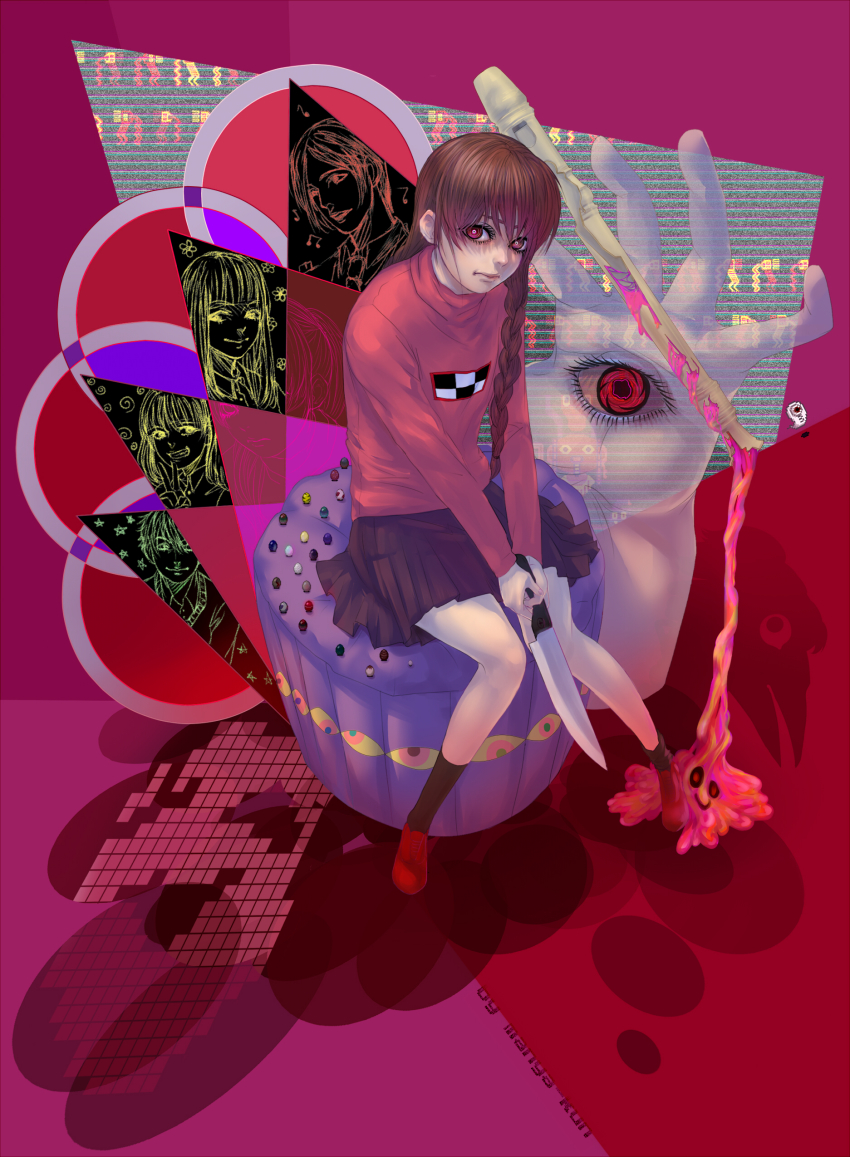 1girl, absurdres, bad_id, bad_pixiv_id, braid, brown_hair, egg, eye_focus