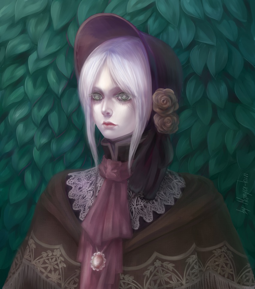 1girl, artist_name, bad_id, bad_pixiv_id, bloodborne, bonnet, cloak, eyelashes, female_focus, flower, grey_eyes, highres, leaf, manya-kun, plain_doll, rose, signature, silver_hair, solo, swept_bangs, upper_body