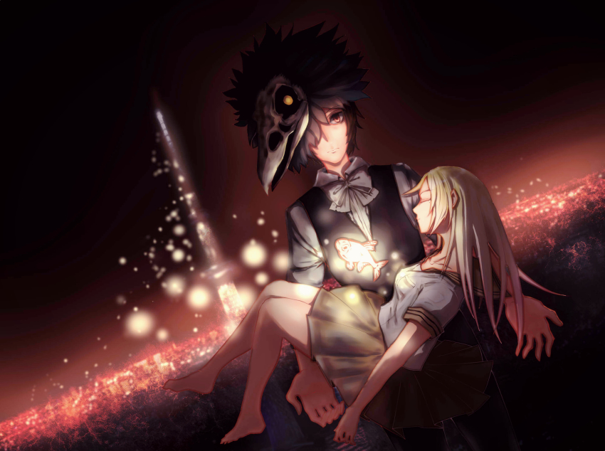 10s, 1boy, 1girl, azuma_kyoutaro, barefoot, brown_hair, carrying, closed_eyes