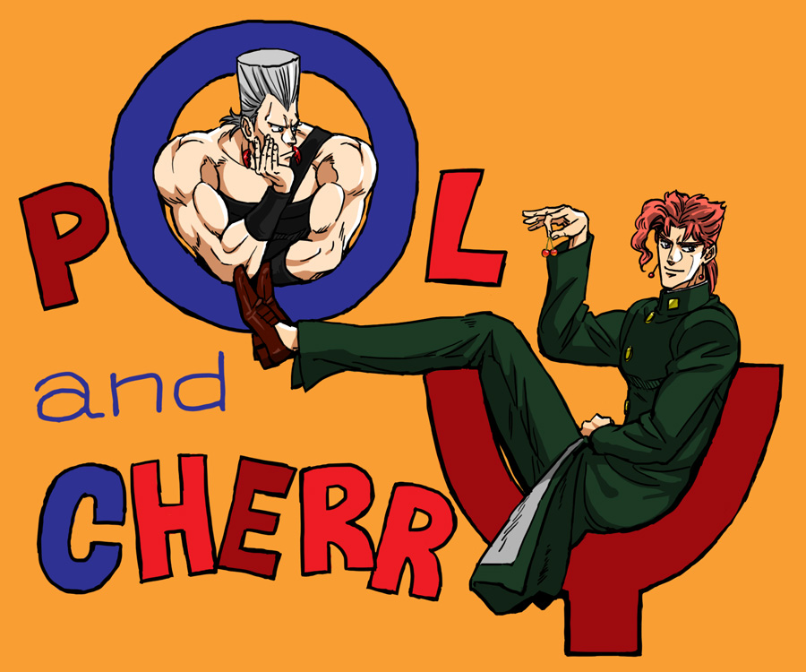 2boys, anime_coloring, cherry, flattop, food, fruit, grey_hair, jean_pierre_polnareff