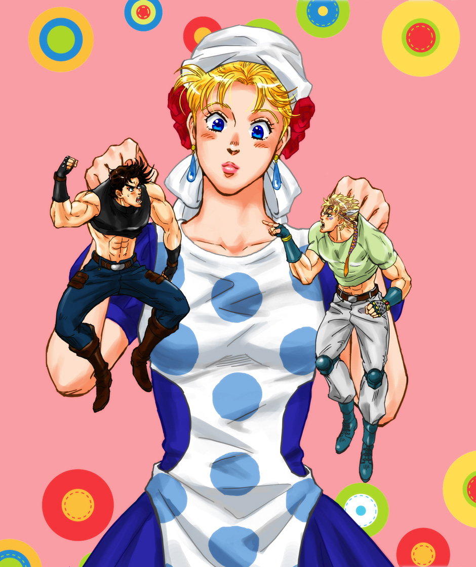 1girl, 2boys, apron, bandana, blonde_hair, blue_eyes, caesar_anthonio_zeppeli, jojo_no_kimyou_na_bouken