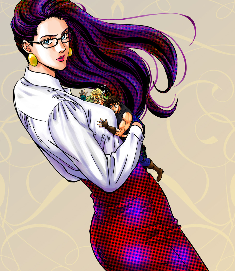 1girl, bespectacled, blue_eyes, caesar_anthonio_zeppeli, earrings, glasses, head_on_chest, jewelry, jojo_no_kimyou_na_bouken, joseph_joestar, joseph_joestar_(young), lisa_lisa, mature_female, mini_person, miniboy, mother_and_child, mother_and_son, negu_(geneg), official_style, parent_and_child, purple_hair