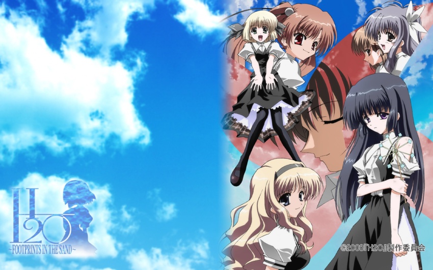 00s, 2boys, 5girls, cloud, day, h2o_footprints_in_the_sand, hirose_takuma, kagura_hinata