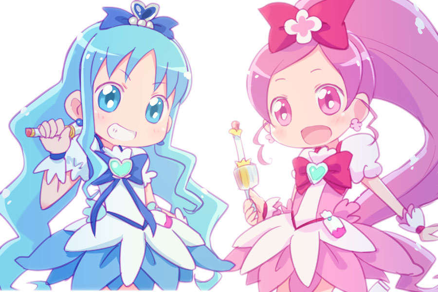 10s, 2girls, bad_id, bad_pixiv_id, blue_eyes, blue_hair, blue_skirt, brooch, chibi, clenched_teeth, cure_blossom, cure_marine, hanasaki_tsubomi, heart, heart_brooch, heartcatch_precure!, high_ponytail, jewelry, kurumi_erika, magical_girl, mika-shi, mikashi, multiple_girls, open_mouth, pink_eyes, pink_hair, pink_skirt, ponytail, precure, simple_background, skirt, smile, teeth, white_background, wrist_cuffs