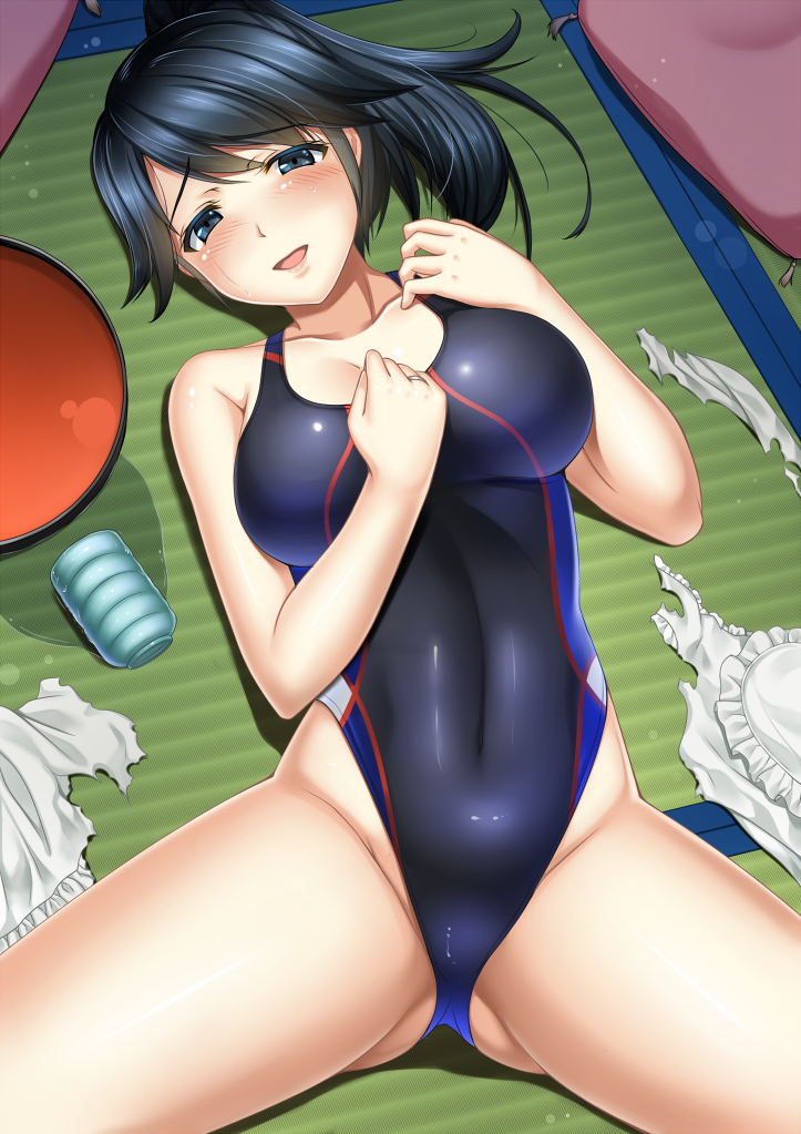10s, 1girl, :d, apron, bare_shoulders, black_hair, blush, breasts, collarbone, competition_swimsuit, covered_navel, cup, female_focus, half-closed_eyes, highleg, highleg_one-piece_swimsuit, houshou_(kancolle), kantai_collection, large_breasts, long_hair, looking_at_viewer, lying, on_back, one-piece_swimsuit, open_mouth, pillow, ponytail, shibata_rai, skin_tight, smile, solo, spread_legs, swimsuit, torn_apron, torn_clothes, water