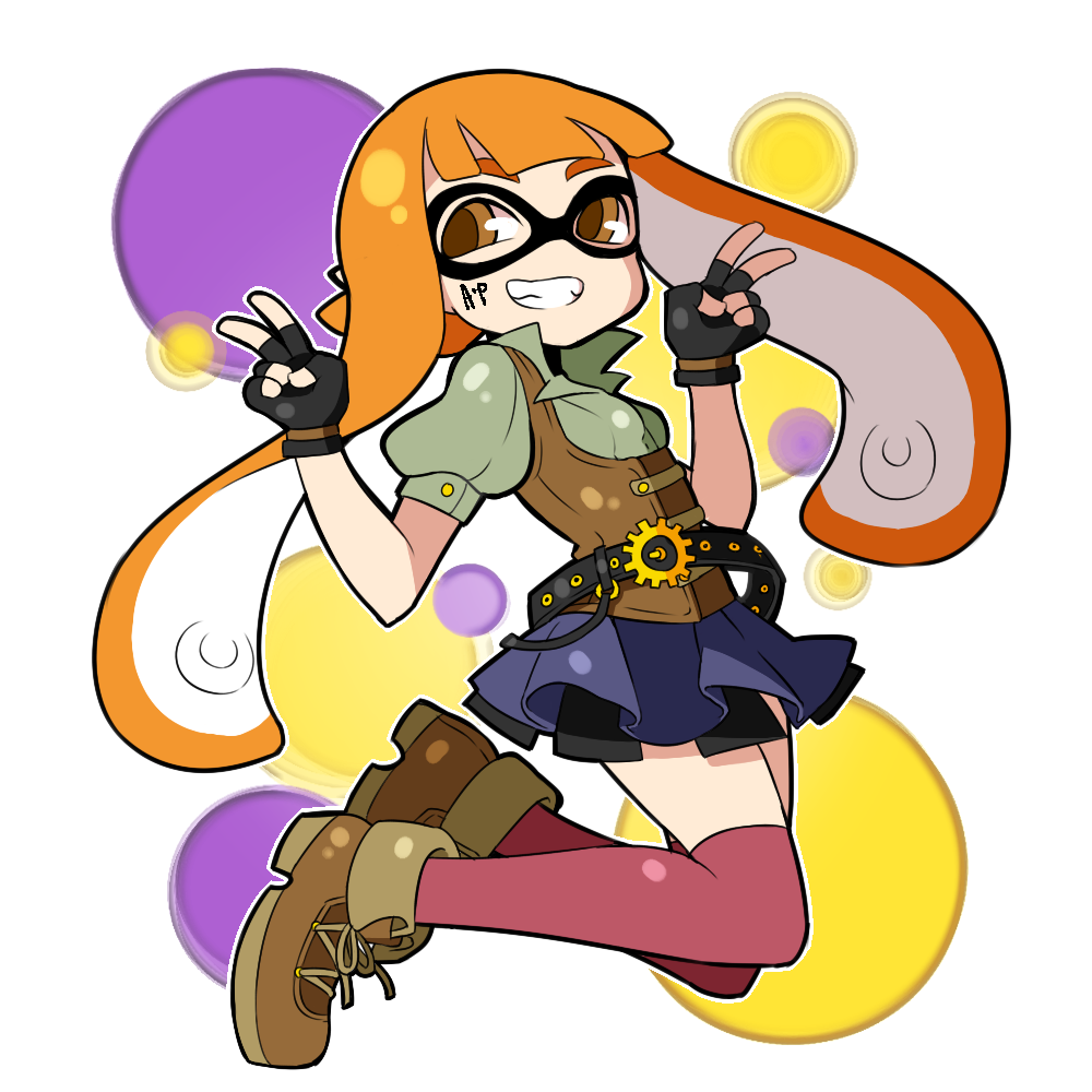 1girl, alternate_costume, ap@meito, artist_name, belt, blouse, brown_eyes, double_v, female_focus, fingerless_gloves, frilled_skirt, frills, gloves, grin, inkling, inkling_girl, inkling_player_character, jumping, layered_skirt, long_hair, looking_at_viewer, nintendo, orange_hair, pointy_ears, puffy_sleeves, red_thighhighs, shirt, shoes, skirt, smile, solo, splatoon_(series), splatoon_1, tentacle_hair, thighhighs, underbust, v, vest, zettai_ryouiki