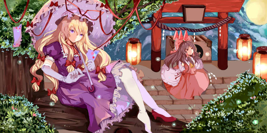 2girls, absurdres, blonde_hair, brown_hair, gohei, hakurei_reimu, hat, highres, in_tree, japanese_clothes, lantern, long_hair, miko, mob_cap, multiple_girls, sitting, sitting_in_tree, stairs, torii, touhou, tree, viccik, yakumo_yukari
