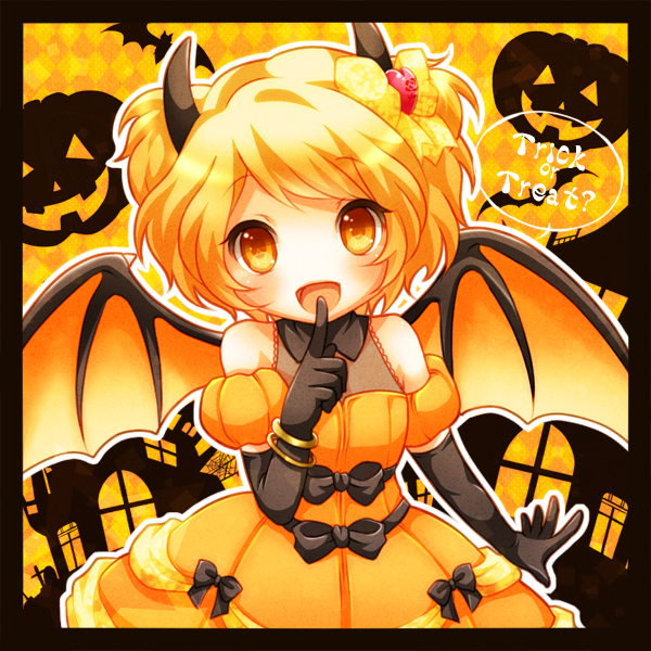 1girl, :d, argyle_background, argyle_clothes, bat_(animal), bat_wings, black_bow, black_gloves