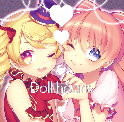2girls, ;), ;d, ai_(otoca_d'or), ai_(otoca_doll), bad_id, bad_pixiv_id, blonde_hair, blue_eyes, bow, drill_hair, earrings, gloves, hair_bow, hat, heart, heart_hands, heart_hands_duo, hitohira_(shiroringo48), jewelry, long_hair, luciko_(otoca_d'or), luciko_(otoca_doll), multiple_girls, one_eye_closed, open_mouth, otoca_d'or, pink_hair, purple_hat, red_bow, red_gloves, short_hair, smile, top_hat, upper_body, yellow_eyes
