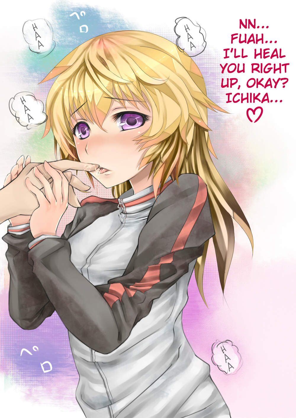 10s, 1boy, 1girl, blonde_hair, blush, charlotte_dunois, licking_finger, hard-translated