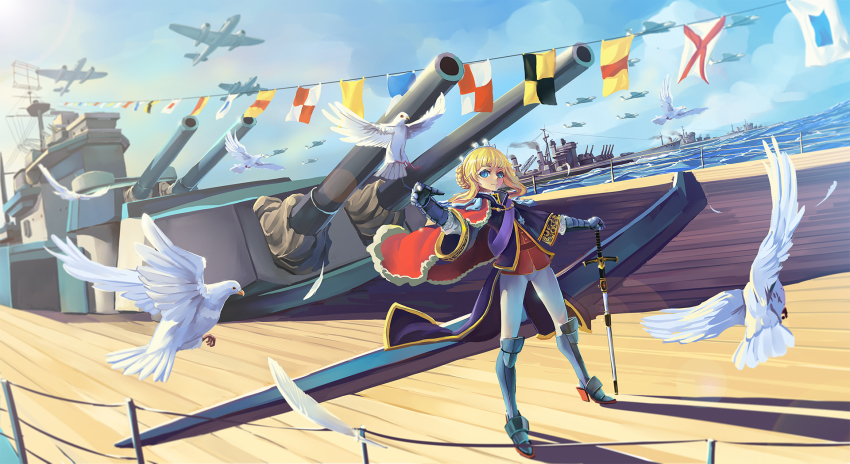 1girl, aircraft, airplane, armor, armored_boots, battleship, bird, blonde_hair