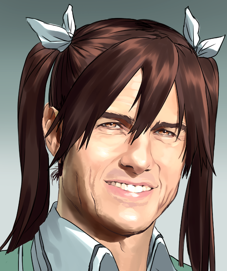 1boy, blew_andwhite, brown_eyes, brown_hair, cosplay, gradient_background, grey_background, hair_between_eyes, hair_ribbon, kantai_collection, lips, long_hair, looking_at_viewer, male_focus, nose, portrait, pun, real_life, realistic, ribbon, smile, solo, teeth, tom_cruise, tone_(kancolle), tone_(kantai_collection)_(cosplay), twintails, what