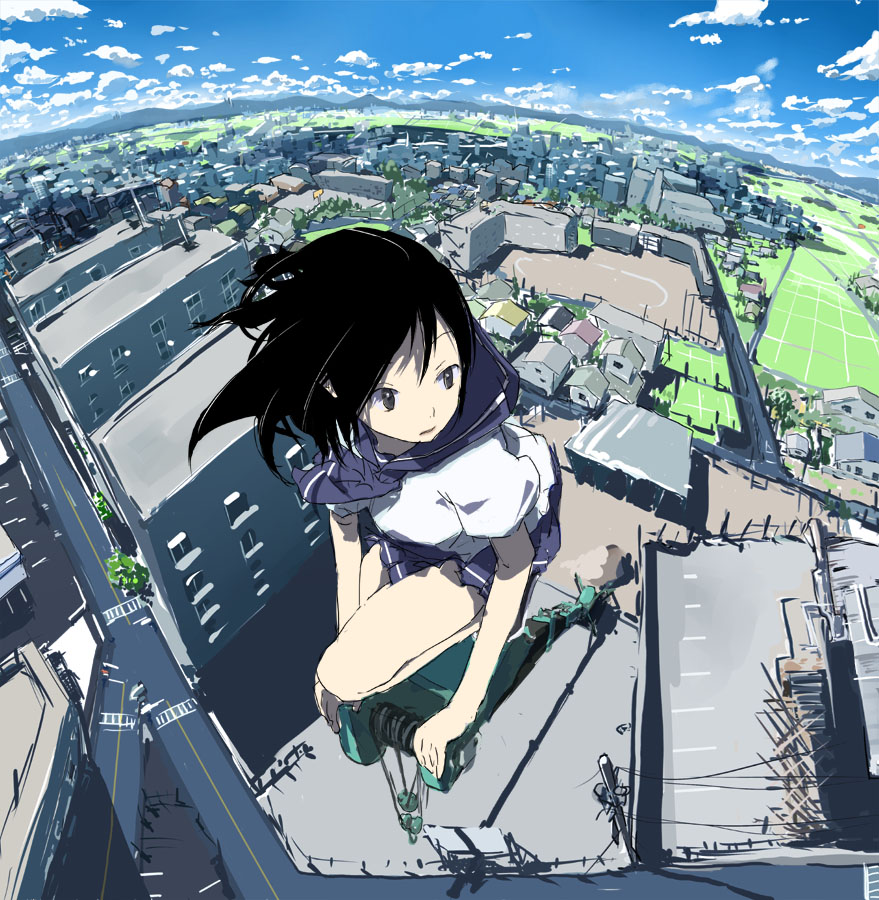1girl, black_eyes, black_hair, building, cityscape, crane_(machine), female_focus, fisheye, grey_eyes, horizon, keisan, original, scenery, school_uniform, serafuku, solo