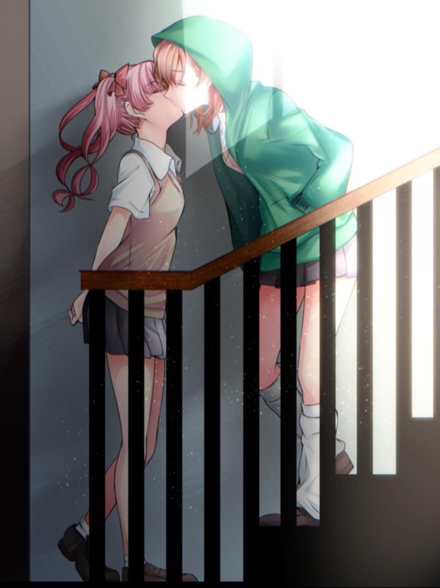 2girls, ankle_socks, arms_behind_back, backlighting, bare_legs, black_skirt, brown_eyes, brown_hair, closed_eyes, couple, derivative_work, female_focus, green_jacket, hair_ribbon, hands_in_pockets, higashizukihi_sei, hood, hooded_jacket, hoodie, jacket, kiss, leaning, leaning_forward, legs, long_hair, md5_mismatch, misaka_mikoto, multiple_girls, pink_hair, pleated_skirt, resolution_mismatch, ribbon, school_uniform, serafuku, shirai_kuroko, shoes, short_hair, short_sleeves, skirt, socks, stairs, standing, sunlight, sweater_vest, toaru_kagaku_no_railgun, toaru_majutsu_no_index, twintails, yuri