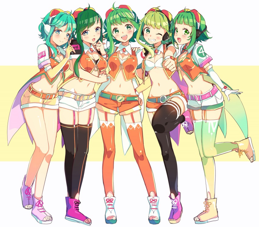 5girls, :d, ahoge, aqua_eyes, aqua_hair, belt, bikini, bikini_top_only, black_legwear, blush, breasts, brooch, cleavage, clenched_hand, clothes_writing, cropped_jacket, dual_persona, elbow_gloves, garter_straps, gloves, goggles, goggles_on_head, green_eyes, green_hair, green_legwear, grin, groin, gumi, gumi_(v4_megpoid), hand_on_another's_shoulder, hand_on_own_hip, headphones, highres, jewelry, leaning_to_the_side, leg_up, looking_at_viewer, midriff, multiple_girls, multiple_persona, navel, nou_(nounknown), one_eye_closed, open_mouth, orange_legwear, orange_shirt, round_teeth, shirt, short_hair, short_hair_with_long_locks, short_sleeves, shorts, sidelocks, smile, solo_focus, standing, standing_on_one_leg, swimsuit, teeth, v4x, vocaloid, white_gloves, wrist_cuffs