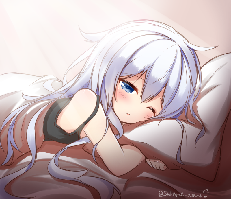 10s, ahoge, blue_eyes, blush, hibiki_(kancolle), kantai_collection, long_hair, lying