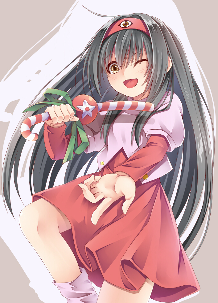 00s, 1girl, blush, breasts, child, cosplay, creek_(moon-sky), dai_mahou_touge, hairband, long_hair, open_mouth, smile, tanaka_punie, tanaka_punie_(cosplay), youjo_(creek_(moon-sky))