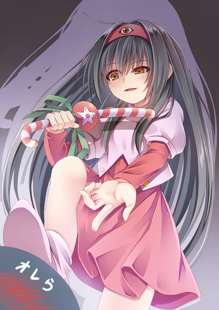 00s, 1girl, black_hair, breasts, child, cosplay, creek_(moon-sky), dai_mahou_touge, foot_on_another's_head, long_hair, shaded_face, stepped_on, tanaka_punie, tanaka_punie_(cosplay), yandere, youjo_(creek_(moon-sky))