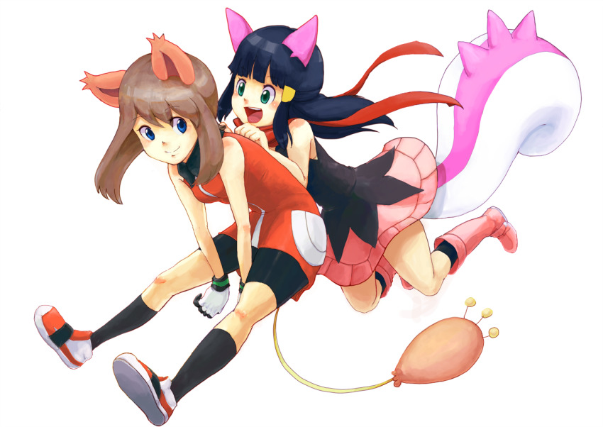 2girls, alternate_color, animal_ears, azuma_yukihiko, bad_id, bad_pixiv_id, bike_shorts, blue_eyes, blue_hair, blush, boots, brown_hair, collared_shirt, cosplay, costume, dawn_(pokemon), female_focus, gen_3_pokemon, gen_4_pokemon, green_eyes, kemonomimi_mode, latex, long_hair, looking_at_another, may_(pokemon), may_(pokemon_emerald), multiple_girls, nintendo, open_mouth, pachirisu, pachirisu_(cosplay), pink_skirt, pokemon, pokemon_(anime), pokemon_diamond/pearl/platinum, pokemon_ruby/sapphire/emerald, pokemon_tail, red_scarf, scarf, shiny_pokemon, shirt, short_hair, shorts, skirt, skitty, skitty_(cosplay), sleeveless, smile, socks, tail