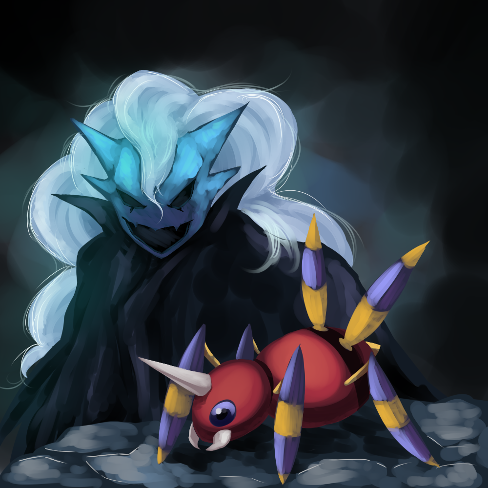 2boys, ariados, black_cape, cape, gen_2_pokemon, hair_between_eyes, highvoltage, mask