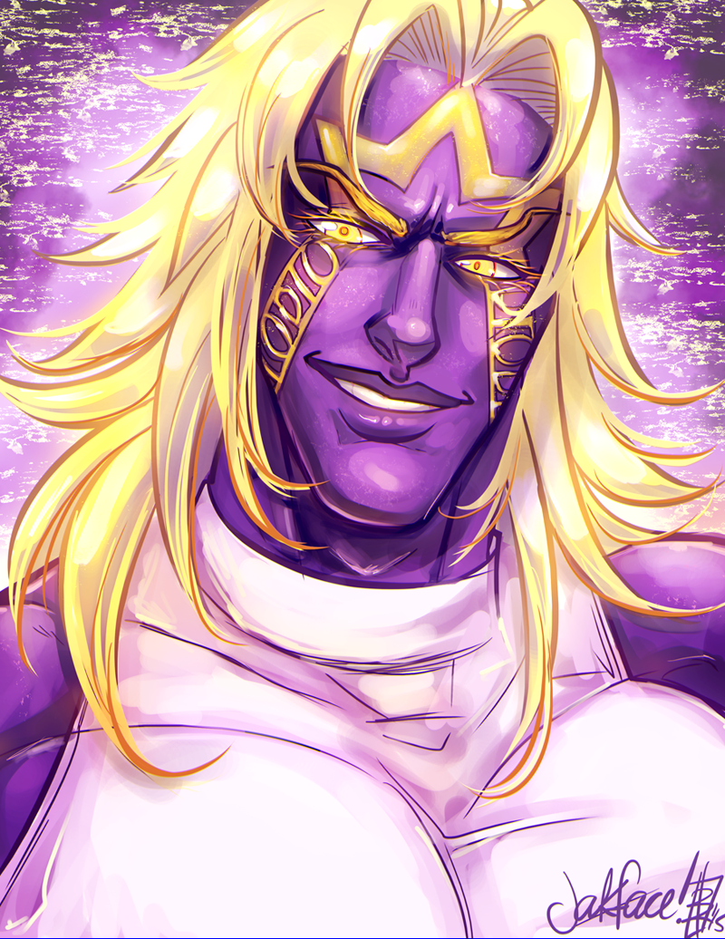 1boy, blonde_hair, colored_skin, dated, dio_brando, facial_mark, grin, heaven_ascended_dio