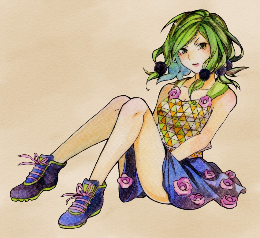 1girl, colored_pencil_(medium), female_focus, flower, full_body, green_eyes, green_hair, hair_bobbles, hair_ornament, highres, hirose_yasuho, jojo_no_kimyou_na_bouken, jojolion, matching_hair/eyes, multiple_tails, painting_(medium), renren_(suiren-ame), rose, shoes, sitting, skirt, sneakers, solo, tail, tank_top, traditional_media, watercolor_(medium), watercolor_pencil_(medium)