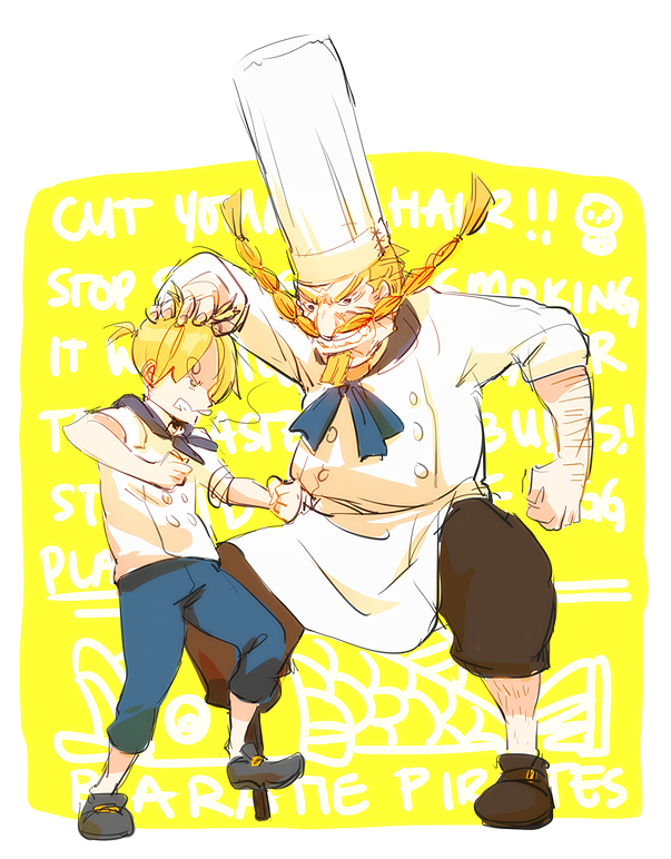 2boys, aged_down, amputee, apron, blonde_hair, chef_hat, facial_hair, hat, multiple_boys, mustache, one_piece, peg_leg, red-leg_zeff, sanji_(one_piece), travessinglethe
