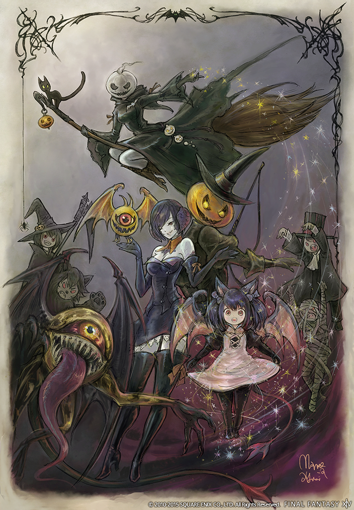 10s, 6+girls, ahriman, animal_ears, au_ra, black_footwear, black_hair, black_legwear, boots, breasts, broom, broom_riding, cat, cat_ears, cleavage, elbow_gloves, final_fantasy, final_fantasy_xiv, gloves, halloween, hat, high_heel_boots, high_heels, jack-o'-lantern, lalafell, medium_breasts, miqo'te, monster, multiple_girls, official_art, one_eye_closed, red_eyes, scythe, short_hair, tail, thigh_boots, thighhighs, warrior_of_light_(ff14), wings, witch_hat