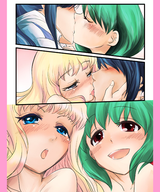 00s, 1boy, 2girls, blonde_hair, blue_eyes, blue_hair, blush, closed_eyes