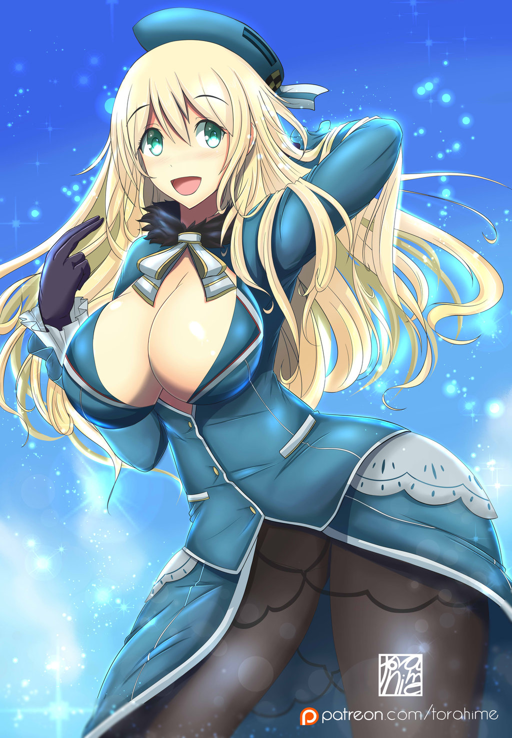10s, 1girl, aqua_eyes, atago_(kancolle), blonde_hair, blush, breasts, cleavage