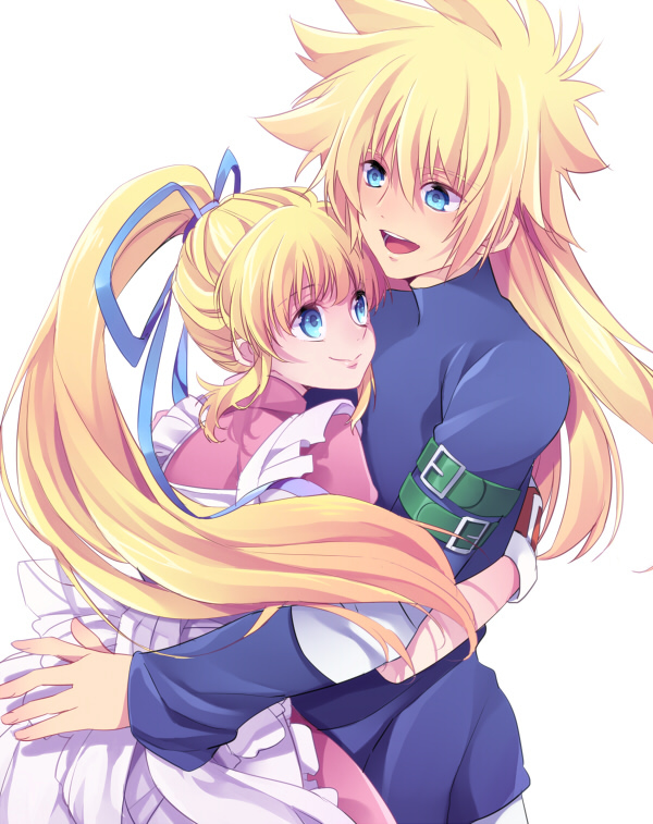 1boy, 1girl, apron, blonde_hair, blue_eyes, brother_and_sister, dress, gloves