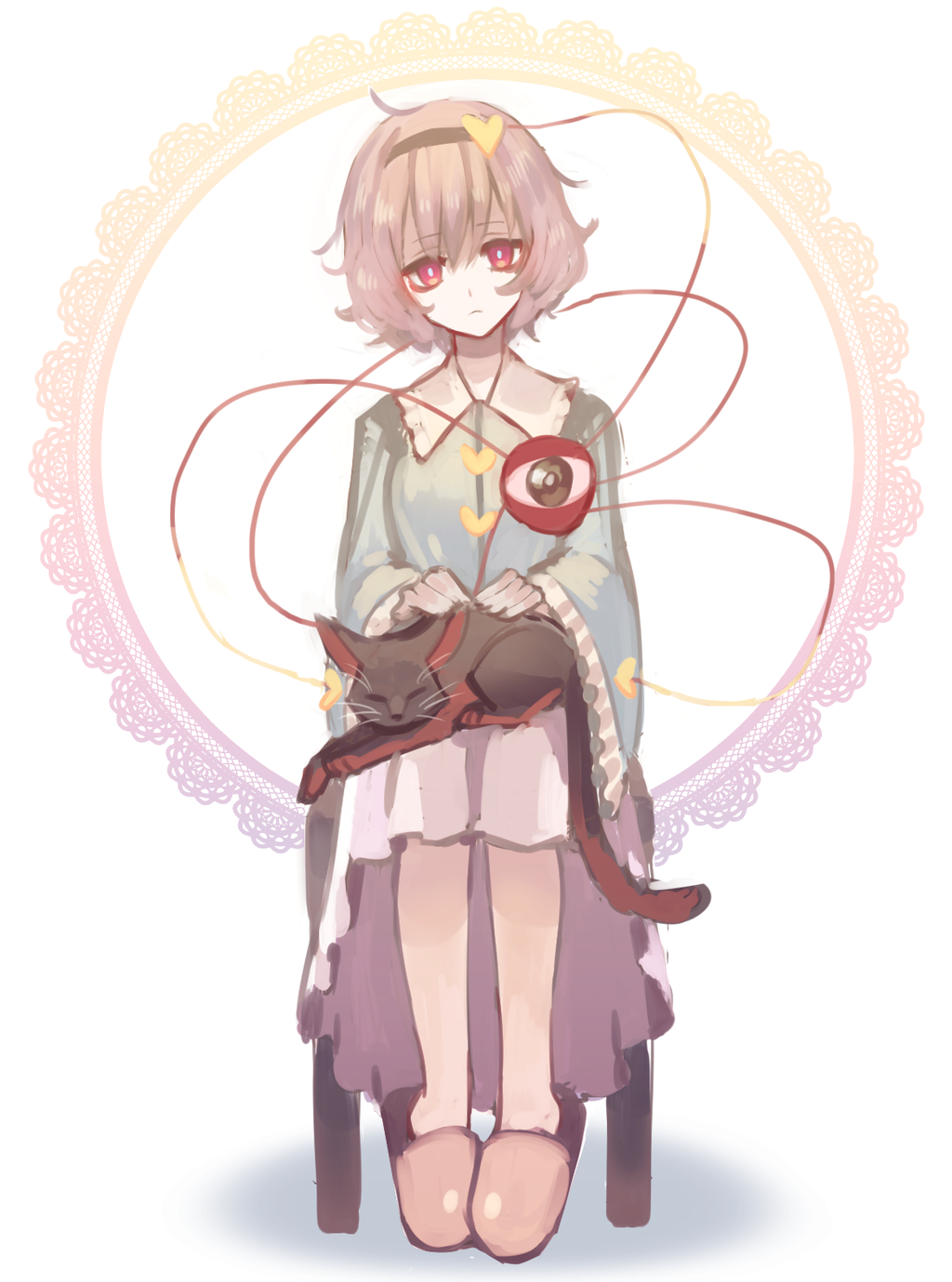 1girl, animal, cat, chair, eyeball, female_focus, full_body, hairband