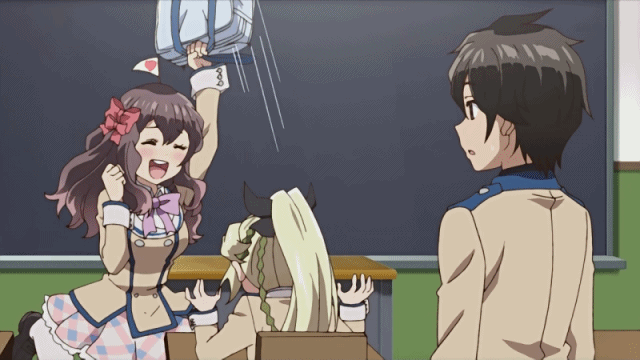 10s, 1boy, 2girls, animated, animated_gif, kanojo_ga_flag_wo_oraretara, mahougasawa_akane, milestone_celebration