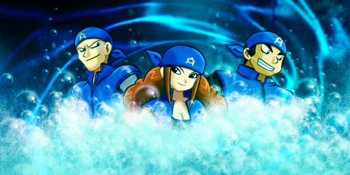 1girl, 2boys, amber_(pokemon_adventures), bandana, black_hair, bubble, matt_(pokemon), multiple_boys