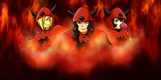 1boy, 1girl, black_hair, blaise_(pokemon), blonde_hair, chewing_gum, courtney_(pokemon), fire