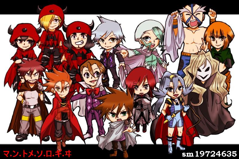 4girls, 6+boys, black_cape, blaise_(pokemon), blue_oak, byron_(pokemon), cape, chilin_(karinxayumi)